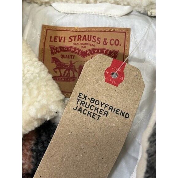 Levi's Womens Trucker Jacket Ex-Boyfriend All Over Sherpa Plaid Beige Size S NWT - Picture 8 of 12